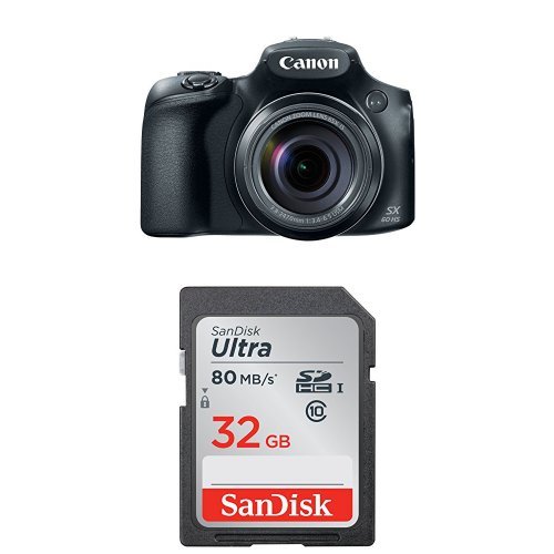 Canon Powershot SX60 16.1MP Digital Camera 65x Optical Zoom Lens 3-inch LCD Tilt Screen (Black) with SanDisk 32GB Memory Card