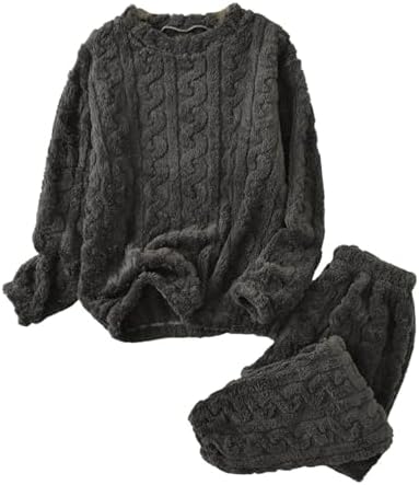 トップス andwang Fluffy fleece set black Lounge Sets for Women Fuzzy Two Piece Outfits Fleece Winter Warm