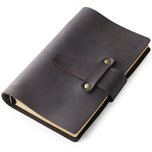 ANCICRAFT Leather Journal Diary Notebook A6 Small Refillable with Simple Strap 6-ring Binder Lined Craft Paper (Dark brown simple strap A6)