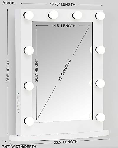 MissMii Hollywood Lighted Makeup Vanity Mirror with Lights,Bedroom Lighted Standing Mirror with Dimmer,LED Cosmetic Mirror with Dimmable Bulbs,Wall Mounted Lighting Mirror,2 USB Ports 2 Power Outlets