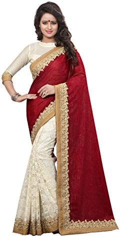 Odhni Women's Indian Bollywood Embroidered Red Cream Velvet Cotton Saree