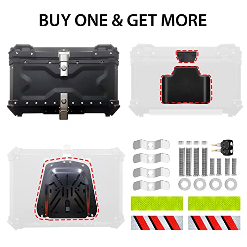 VOKKA Top Case for Motorcycle, 65L Aluminium Alloy Motorcycle Case, Waterproof Dustproof and Anti-Theft, Luggage Box for Storage Helmets, Scooter Top Case with Backrest and Base Plate (Black)