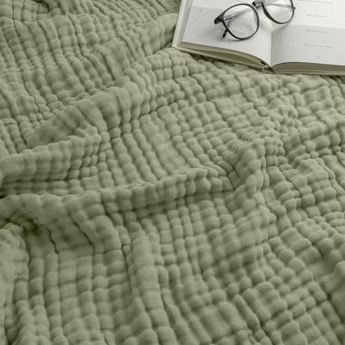 Comfy Cubs Adult Muslin Blanket Twin, 229 x 168 cm - Soft, Six-Layered, Lightweight, Breathable Cotton Blanket for All Seasons - Machine Washable, Stylish Home Decor - Sage