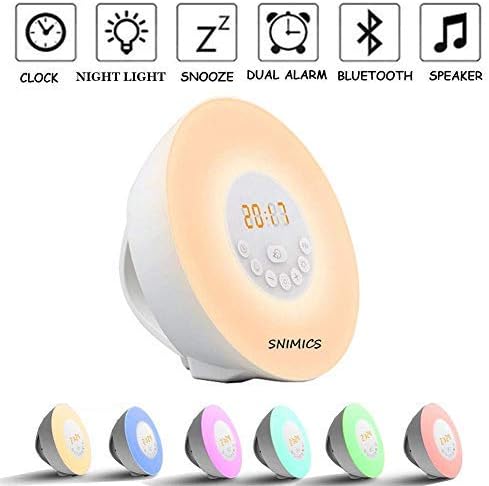 SNIMICS Wake Up Light Alarm Clock Sunrise Sunset Simulation [2018 Upgraded] Bluetooth Speaker/6 Natural Sounds, FM Radio, 7 Color Night Light，Touch Control with Snooze Function, for Bedside and Kids