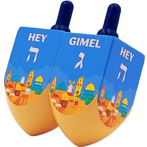 The Dreidel Company 2- Pack Extra Large Jerusalem Wood Dreidels, Let's Play Dreidel The Hanukkah Game, (2-Pack)