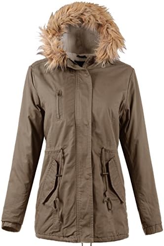 KOOLDO Womens Military Anorak with Faux Fur Hooded and Lined Jacket-L-MOCHA
