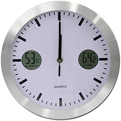 Vsence Luxurious Metal Indoor Wall Clock with LCD Thermometer and Hygrometer, Home/ Office Decor Clock (10 Inch/ Silver)