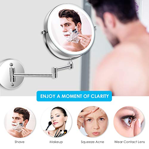 alvorog 7" Wall Mounted Makeup Mirror LED Lighted Two Sided 360° Swivel Extendable Cosmetic Vanity Mirror 5X Magnification for Bathroom, Powered by 4 x AAA Batteries (Not Included) (7") - Thumbnail 7