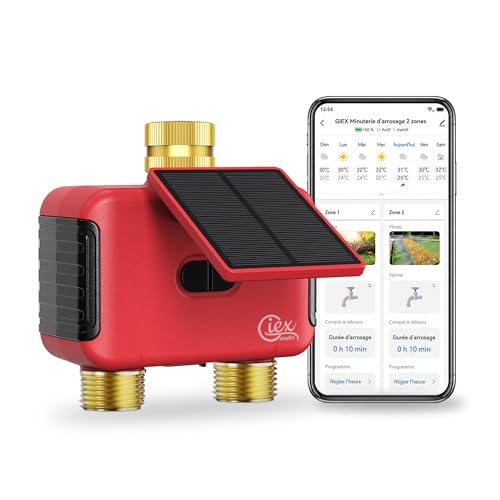 Programmateur d’arrosage WiFi 2 Zones, minuteur d’Eau Solaire Rechargeable à Double Sortie, raccords en Laiton, sans hub, app Smart Life, Compatible Alexa et Google Assistant