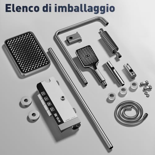 Koeutoze Sistema Doccia con display digitale a LED, soffione doccia XL a pioggia, doccetta, getto ausiliario e rubinetto a cascata – Acciaio inossidabile – Colonna Doccia Regolabile (Grigio)