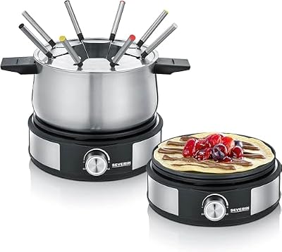 Fondue-Crêpes-Kombination, spülmaschinengeeignetes Fondueset mit 8 farblich markierten Gabeln, Fondue-Crêpes Maker-Kombi aus Edelstahl, schwarz, FO 2471