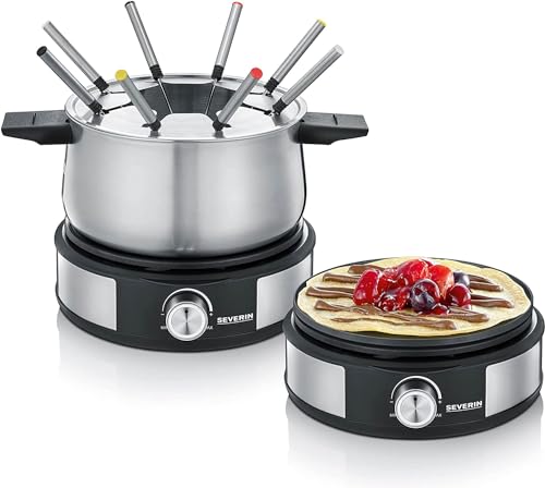 Fondue-Crêpes-Kombination, spülmaschinengeeignetes Fondueset mit 8 farblich markierten Gabeln, Fondue-Crêpes Maker-Kombi aus Edelstahl, schwarz, FO 2471