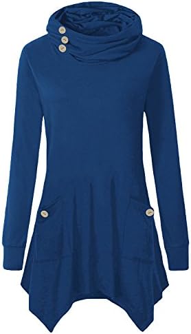 Yibye Women's Turtleneck Long Sleeve Asymmetric Hem Button Tunic Tops With Pockets (Blue, L)