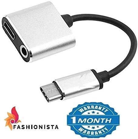 FASHIONISTA 2-in-1 Type C to 3.5mm Headphone Audio & Charger Adapter Splitter Supports OnePlus 7 Pro/7/6T Samsung S9/Plus and All Type C Smartphones - (Silver)