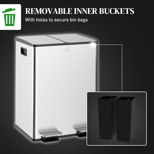 HOMCOM Trash Can and Recycle Bin, 2 x 5 Gallon (2 x 20 L) Stainless Steel Step Garbage Can with Soft Close, Stay-Open Lid, Deodorizer Compartment, Fingerprint-Proof, Silver