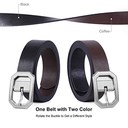 Reversible Women Leather Belt, Reverse Lady Belt for Jeans with Rotated Buckle, A-Black/Coffee, Perfect for Pants 32-36 Inches