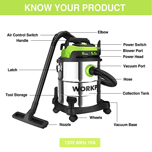WORKPRO 6 Gallon Wet/Dry Shop Vacuum, 5.5 Peak HP Shop Vac Cleaner with