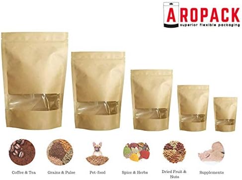 Stand up Pouch Kraft with Clear Window and Zipper -Choose Your Size- Resealable Heat Seal Bag with Easy Open/Tea, Cookie, Craft Gift Bags (50, 20x30 (cm))