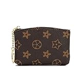 LLGGVE Checkered Zipper Coin Purse PU Vegan Leather waller Mini Key Ring Wallet Card Case (Brown Flower), Small