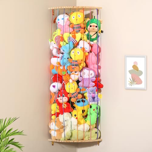 Mabahoo Stuffed Animal Storage Toy Organizer, Wood Corner Plushie Toy Holder with Rainbow Elastic Rope, Length Adjustable Hanging Stuffed Animal Shelf Net for Nursery Playroom Bedroom