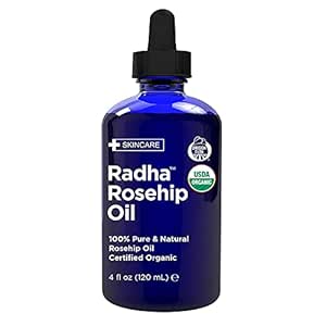 Radha Beauty USDA Certified Organic Rosehip Seed Oil, 100% Pure Cold Pressed - Great Carrier Oil for Moisturizing Face, Hair, Skin, &amp; Nails - 4 fl oz