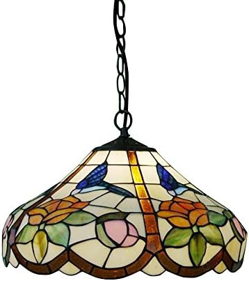 Luxurefan 16-Inch Stained Glass Tiffany Style Rustic Pendant Lamp with Hummingbird 2 Lights Art Chandelier for Decoration Coffee Shop Home