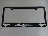 Ford Mustang license plate frame, glossy black metal, Brushed aluminum text