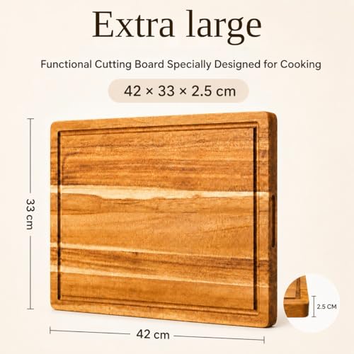 Tabla para Picar Cocina de Madera de Acacia 42 × 33 × 2.5 cm,ideal para carne, verduras, quesos y charcutería, reversible con canal para jugos