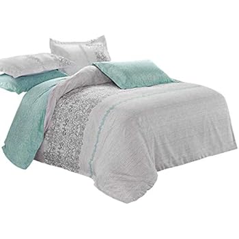 Wake In Cloud - Gray Teal Comforter Set, Reversible with Grey and Turquoise Pattern Printed, Soft Microfiber Bedding (3pcs, Queen Size)