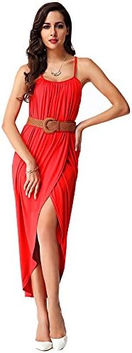 FAIRDLS Women’s Faux-Wrap Spaghetti Strap Bodycon High Low Hem Knit Dress with Belt (L, Red)