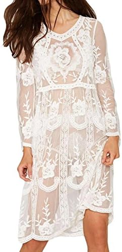 Women's Long Sleeve Perspective Floral Lace Long Beach Dress Bikini Cover Up