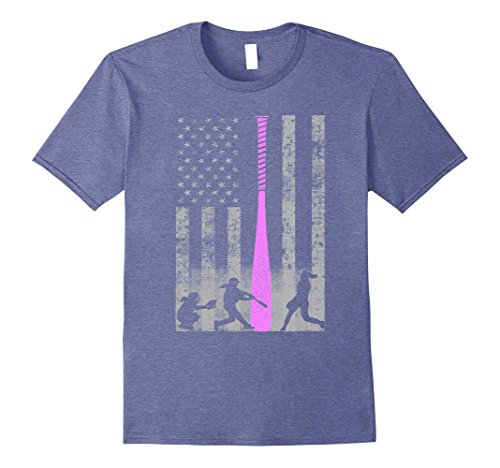 Mens American Softball Flag T-Shirt - Players and Pink Bat Large Heather Blue