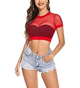 Avidlove Fishnet Crop Top for Women Short Sleeve Mesh Bikini Pullover Shirt See Through Blouse