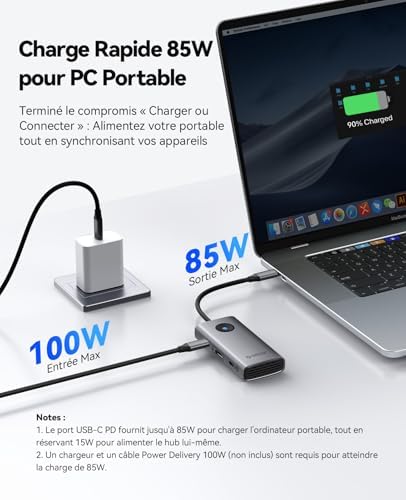 Station d'accueil, 6 en 1 Hub USB C avec HDMI 4K@30Hz, PD 100 W, 4 Ports USB 5Gbps, Adaptateur USB C vers USB 3.0 Compatible avec MacBook Pro Air XPS HP