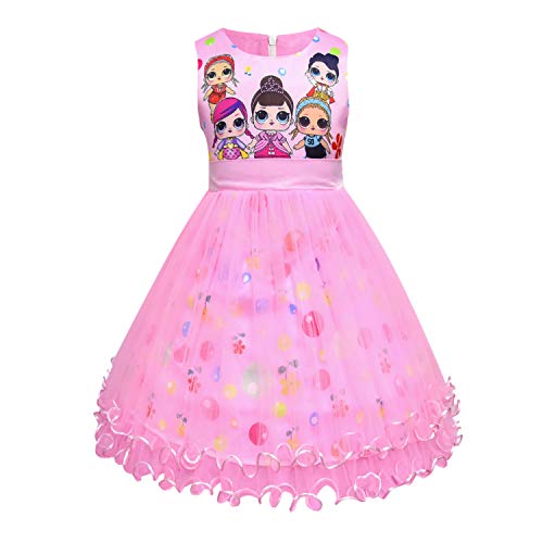 MagJazzy Girls Tutu Princess Dress Doll Digital Print Sleeveless Pageant Gown Dress for LOL Doll Surprised (120cm/ 4-5Y, Pink)