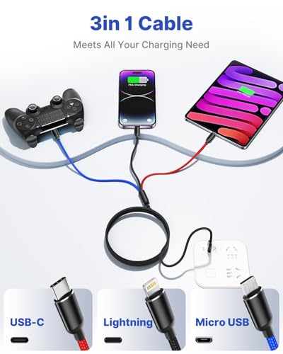 Aioneus 4ft 3-in-1 Multi Charging Cable, USB Type C, Micro USB, Lightning, Fast Charging, Compatible with iPhone 13/12/11, Samsung Galaxy S21/S20/S10/S9/S8/S7, Android Devices