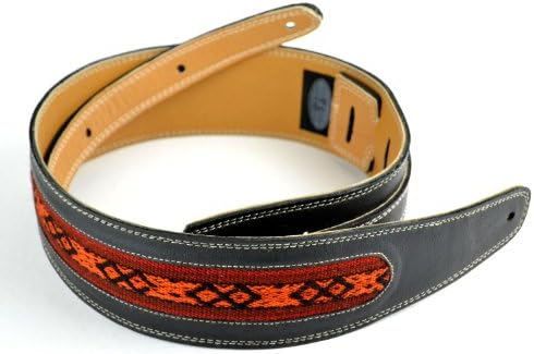 Pete Schmidt Handcrafted Leather Guitar Strap - Thick Line: Black with Peruvian Cloth