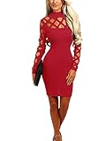 Wuxh Women's Sexy Long Sleeve Hollow Out Cocktail Clubwear Party Mini Bandage Bodycon Dress (Small, Wine Red)