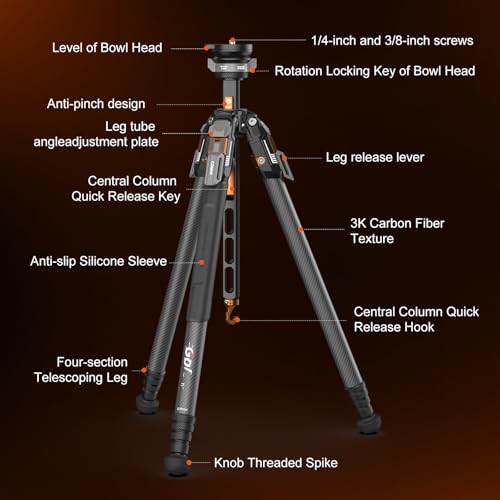 COMAN One Click Full Opening Carbon Fiber Photo Tripod, Professional Video Tripod, Quick Upgrade Ball Head, Max Height 165cm, Max Load Capacity 20kg (T1S)