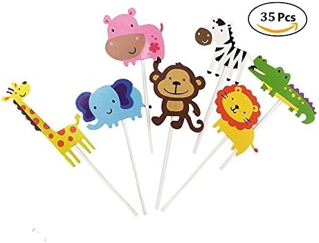 Sinrier Cute Jungle Animals Cupcake Toppers for Kids Baby Shower Birthday Party Cake Decoration Supplies,Pack of 35