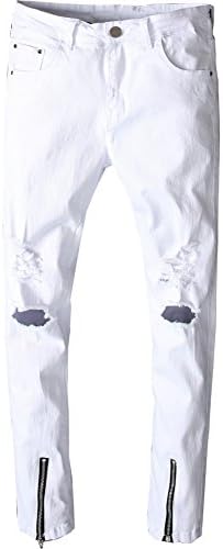 Shunht Men's Fashion Slim Fit Zipper Ripped Hole Jeans Trousers