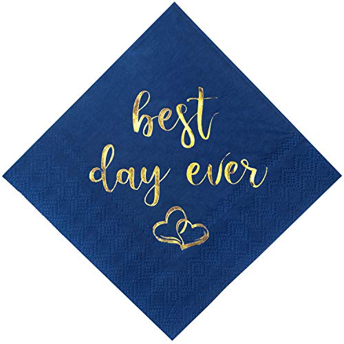 Crisky Wedding Cocktail Napkins Navy Blue Gold Best Day Ever Napkins for Wedding Dessert Beverage Table Decorations Wedding Party Supplies 100 Pcs, 3-ply