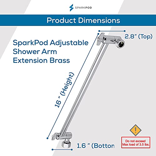 Shower Head Extension Arm by SparkPod 16" Solid Brass Shower Arm