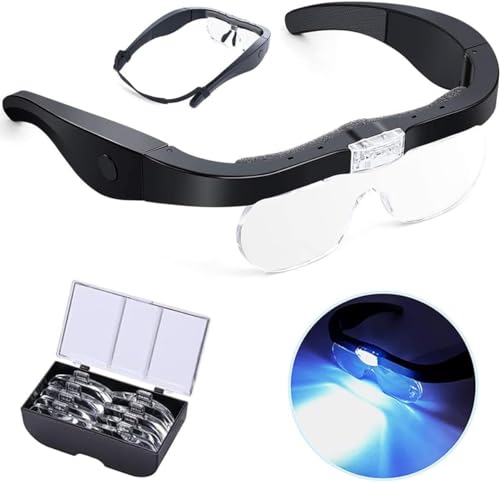 Magnifying Lens with LED Light for Hobbist Reading, Usb Rechargeable Eyeglasses Head-Mounted Magnification 5 x 3.5 x 2.5 x 1.5 x Professional for Elderly Visually Impaired Hands Free