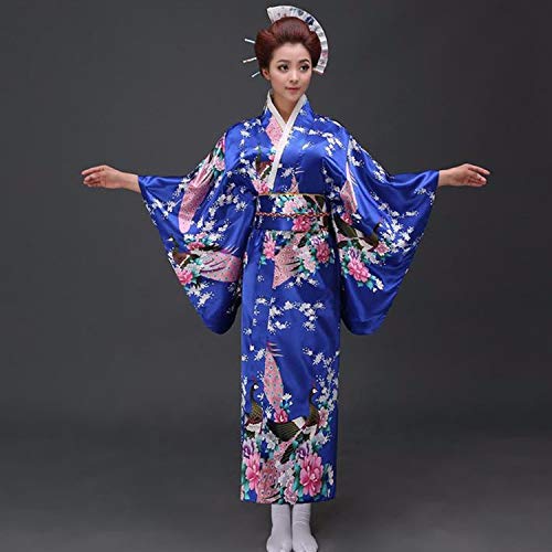 Black Peafowl Japanese Kimono Women's Polyester Satin Kimono Dress Kimono,Blue,One Size - Thumbnail 3