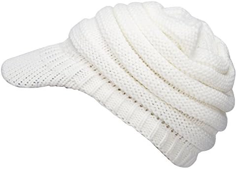 GRAMONI Exclusives Women's Winter Ribbed Brim Knit Hat Snow Ski Warm Cap With Visor (White)