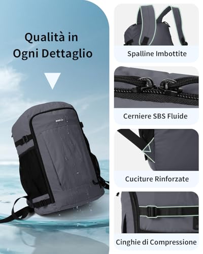 ECOHUB Zaino Ryanair 40x30x20 cm Leggero e 2 in 1, Zaino da Viaggio Pieghevole Sotto il Sedile, Bagaglio a Mano con Tasca Antifurto, Borsa da Cabina in Tessuto Riciclato per Uomo e Donna, Grigio