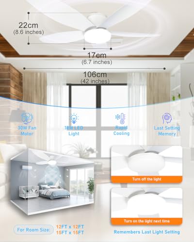 FYLXURO 106cm Ceiling Fans with Lights and Remote, 42'' Dimmable LED Ceiling Fan Light, 6 Speeds Reversible Quiet Low Profile Modern Fan, 3000K-6500K & Timer for Bedroom, Living Room (White 5-Blade)