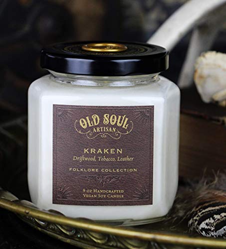 Kraken - Driftwood, Tobacco, Leather Candle Scented Soy Norse Mythology Sea Monster Cthulhu - 9 oz