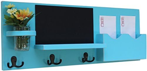 Legacy Studio Decor Mail Organizer with Chalkboard Coat Hooks Key Hooks &amp; Mason Jar (Distressed, Turquoise)